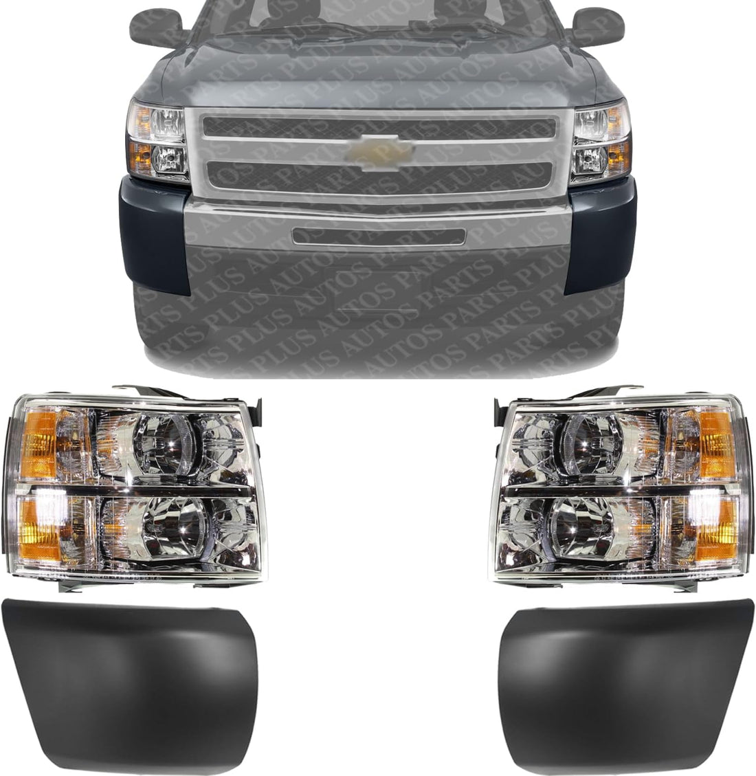 Front Head Lights Assembly + Bumper End Caps Primed Left Driver & Right Passenger Side Direct Replacement Compatible With 2007-2013 Chevrolet Silverado 1500 GM1016103 GM1017103