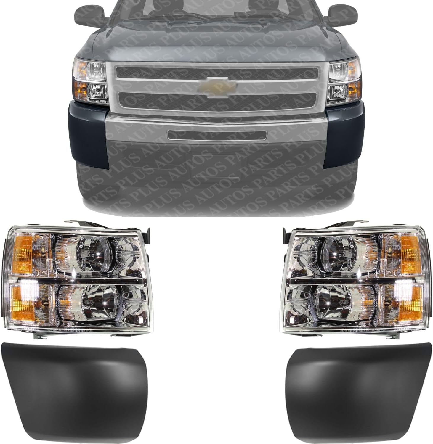 Front Head Lights Assembly + Bumper End Caps Primed Left Driver & Right Passenger Side Direct Replacement Compatible With 2007-2013 Chevrolet Silverado 1500 GM1016103 GM1017103