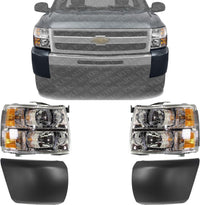 Front Head Lights Assembly + Bumper End Caps Primed Left Driver & Right Passenger Side Direct Replacement Compatible With 2007-2013 Chevrolet Silverado 1500 GM1016103 GM1017103