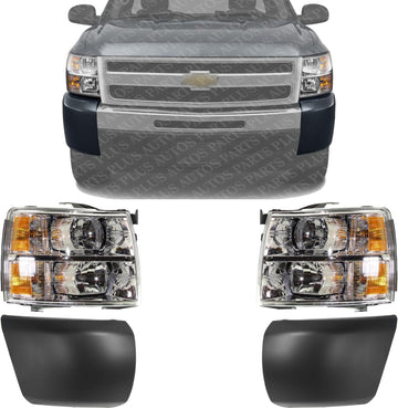 Front Head Lights Assembly + Bumper End Caps Primed Left Driver & Right Passenger Side Direct Replacement Compatible With 2007-2013 Chevrolet Silverado 1500 GM1016103 GM1017103