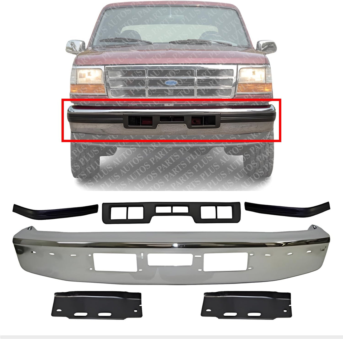 Front Bumper Chrome Steel + Mounting Brackets + Molding Centre + Right & Left Side Direct Replacement Compatible With 1992-1997 Ford F-Series / 1992-1996 Bronco FO1067108