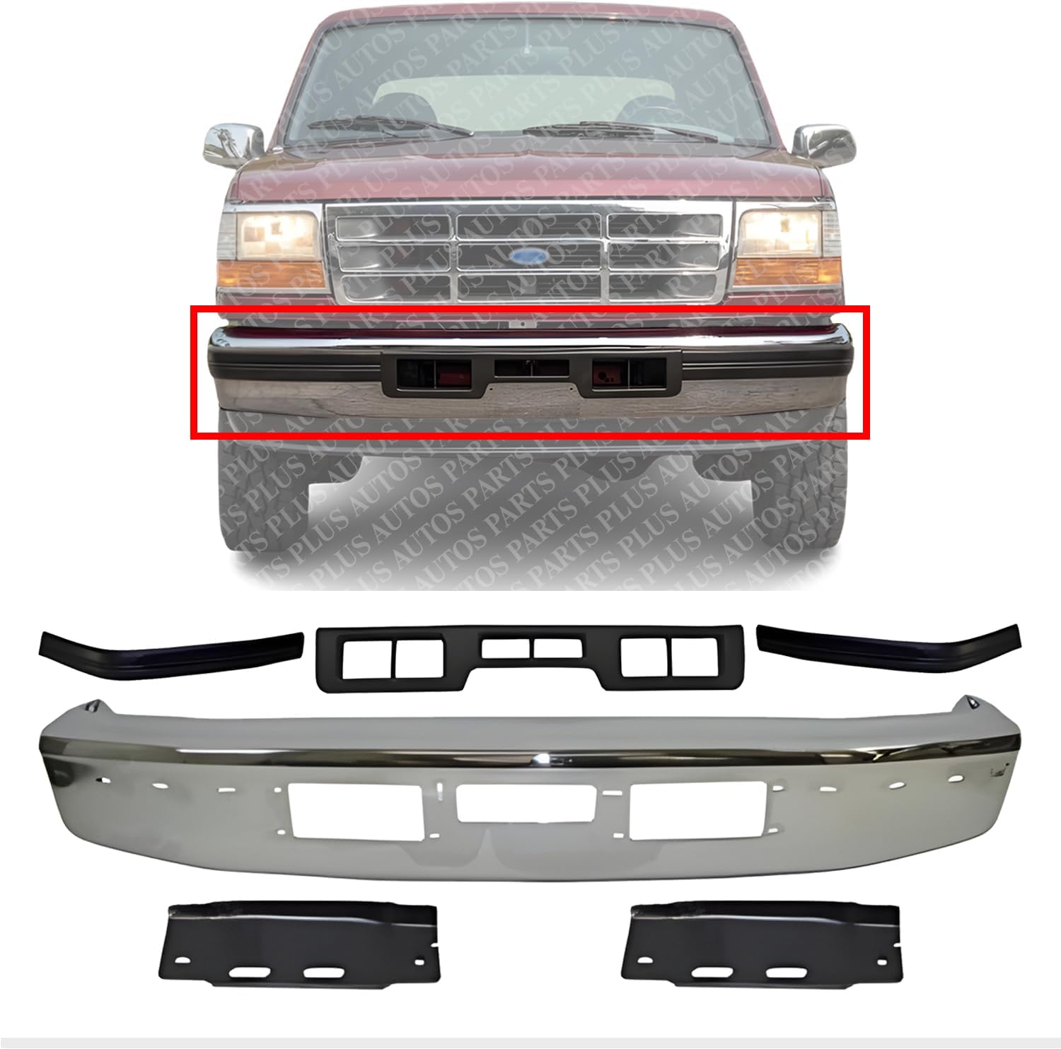 Front Bumper Chrome Steel + Mounting Brackets + Molding Centre + Right & Left Side Direct Replacement Compatible With 1992-1997 Ford F-Series / 1992-1996 Bronco FO1067108