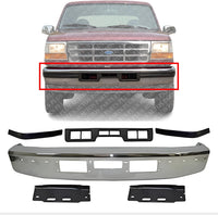 Front Bumper Chrome Steel + Mounting Brackets + Molding Centre + Right & Left Side Direct Replacement Compatible With 1992-1997 Ford F-Series / 1992-1996 Bronco FO1067108