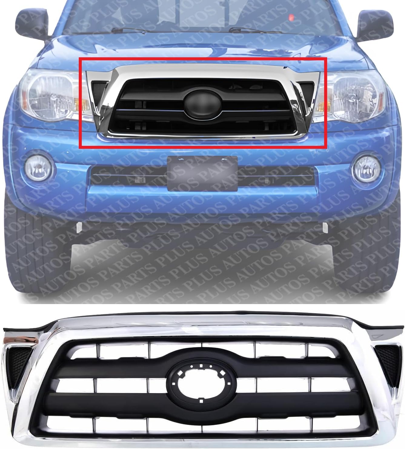 Front Grille Assembly Chrome Shell With Primed Insert Plastic Direct Replacement Compatible With 2005-2008 Toyota Tacoma TO1200268 5310004360