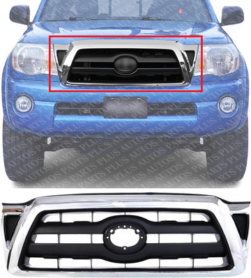 Front Grille Assembly Chrome Shell With Primed Insert Plastic Direct Replacement Compatible With 2005-2008 Toyota Tacoma TO1200268 5310004360