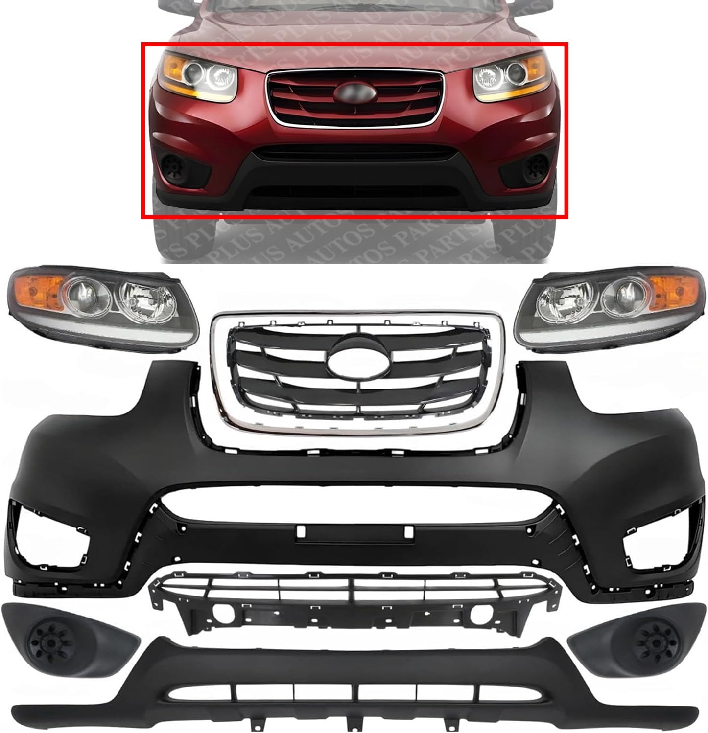 Front Bumper Cover + Valance + Upper & Lower Grille + Molding Chrome + Headlight + Fog Light Cover Left & Right Side Direct Replacement Compatible With 2010-2012 Hyundai Santa Fe