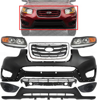 Front Bumper Cover + Valance + Upper & Lower Grille + Molding Chrome + Headlight + Fog Light Cover Left & Right Side Direct Replacement Compatible With 2010-2012 Hyundai Santa Fe