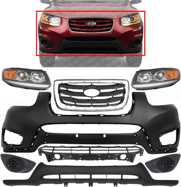 Front Bumper Cover + Valance + Upper & Lower Grille + Molding Chrome + Headlight + Fog Light Cover Left & Right Side Direct Replacement Compatible With 2010-2012 Hyundai Santa Fe