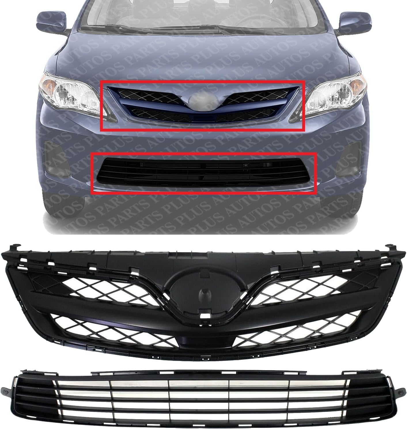 Front Bumper Lower & Upper Grille Assembly Primed Plastic Direct Replacement Compatible With 2011-2013 Toyota Corolla TO1036125 TO1200340 5310002410C0 5311202280