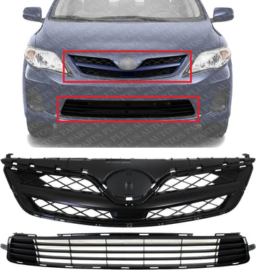 Front Bumper Lower & Upper Grille Assembly Primed Plastic Direct Replacement Compatible With 2011-2013 Toyota Corolla TO1036125 TO1200340 5310002410C0 5311202280