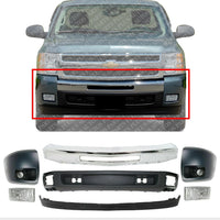 Front Bumper Chrome + Lower Valance + Extension Textured + End Caps & Fog Lights Left And Right Side Direct Replacement Compatible With 2007-2013 Chevrolet Silverado 1500 GM1002831