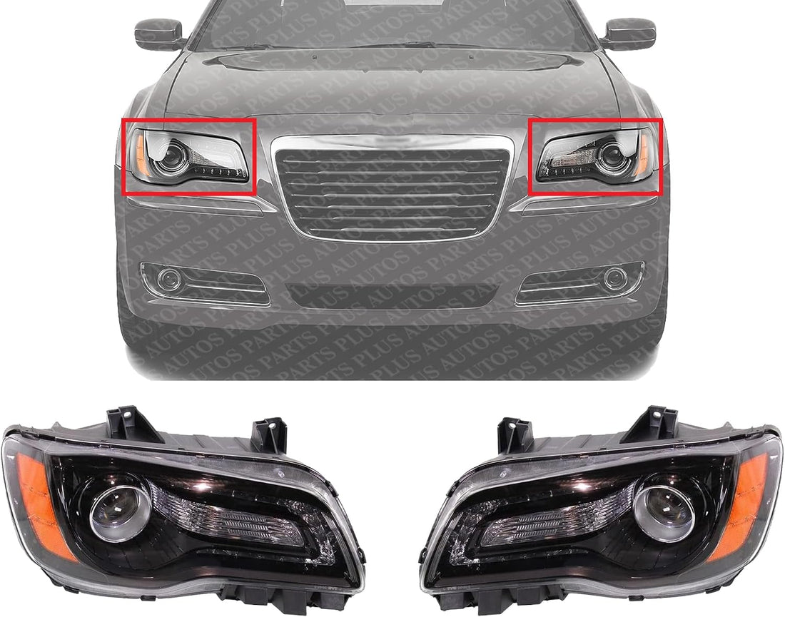 Set Of 2 Front Head Light Assembly With Black Bezel Left Driver & Right Passenger Side Direct Replacement Compatible With 2012-2014 Chrysler 300 CH2502235 CH2503235