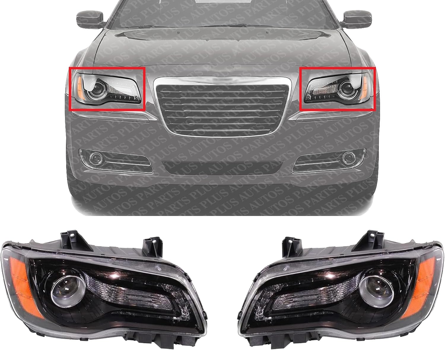 Set Of 2 Front Head Light Assembly With Black Bezel Left Driver & Right Passenger Side Direct Replacement Compatible With 2012-2014 Chrysler 300 CH2502235 CH2503235