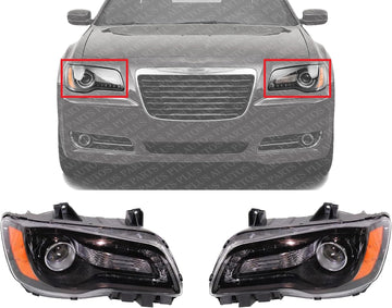 Set Of 2 Front Head Light Assembly With Black Bezel Left Driver & Right Passenger Side Direct Replacement Compatible With 2012-2014 Chrysler 300 CH2502235 CH2503235