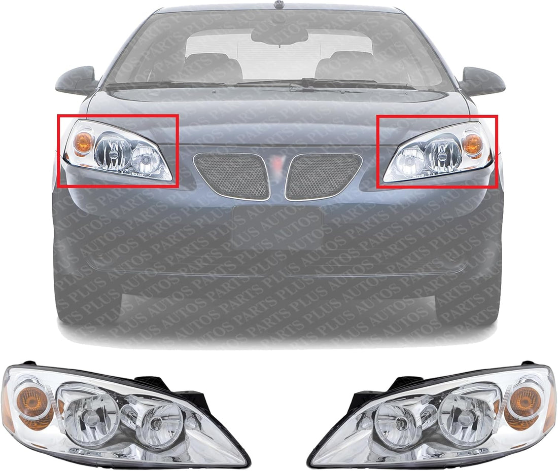 Set Of 2 Front Head Light Assembly Plastic Left Driver & Right Passenger Side Direct Replacement Compatible With 2005-2010 Pontiac G6 GM2503255 GM2502255 20821144 20821143
