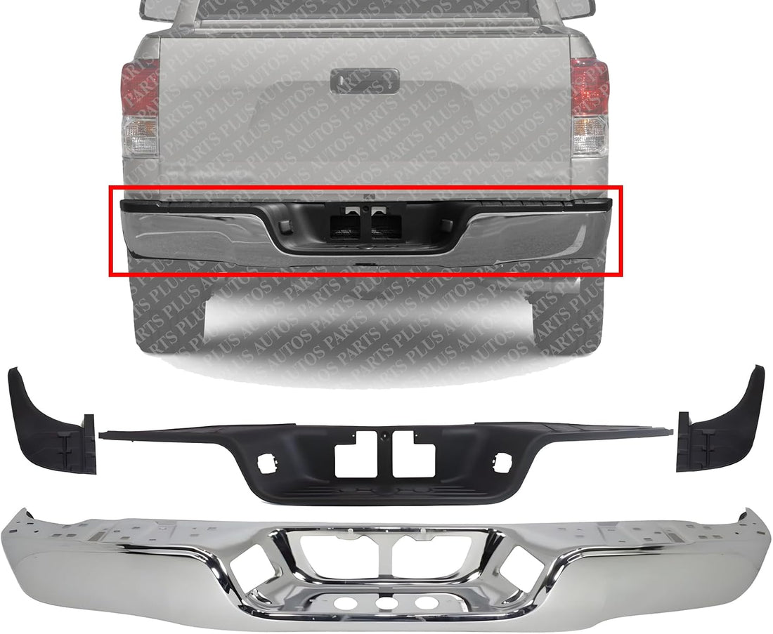AUTOS PARTS PLUS Rear Bumper Face Bar Chrome Steel + Step Pad Textured + Extensions Right Passenger & Left Driver Side Direct Replacement Compatible With 2007-2013 Toyota Tundra TO1102244 TO1191101