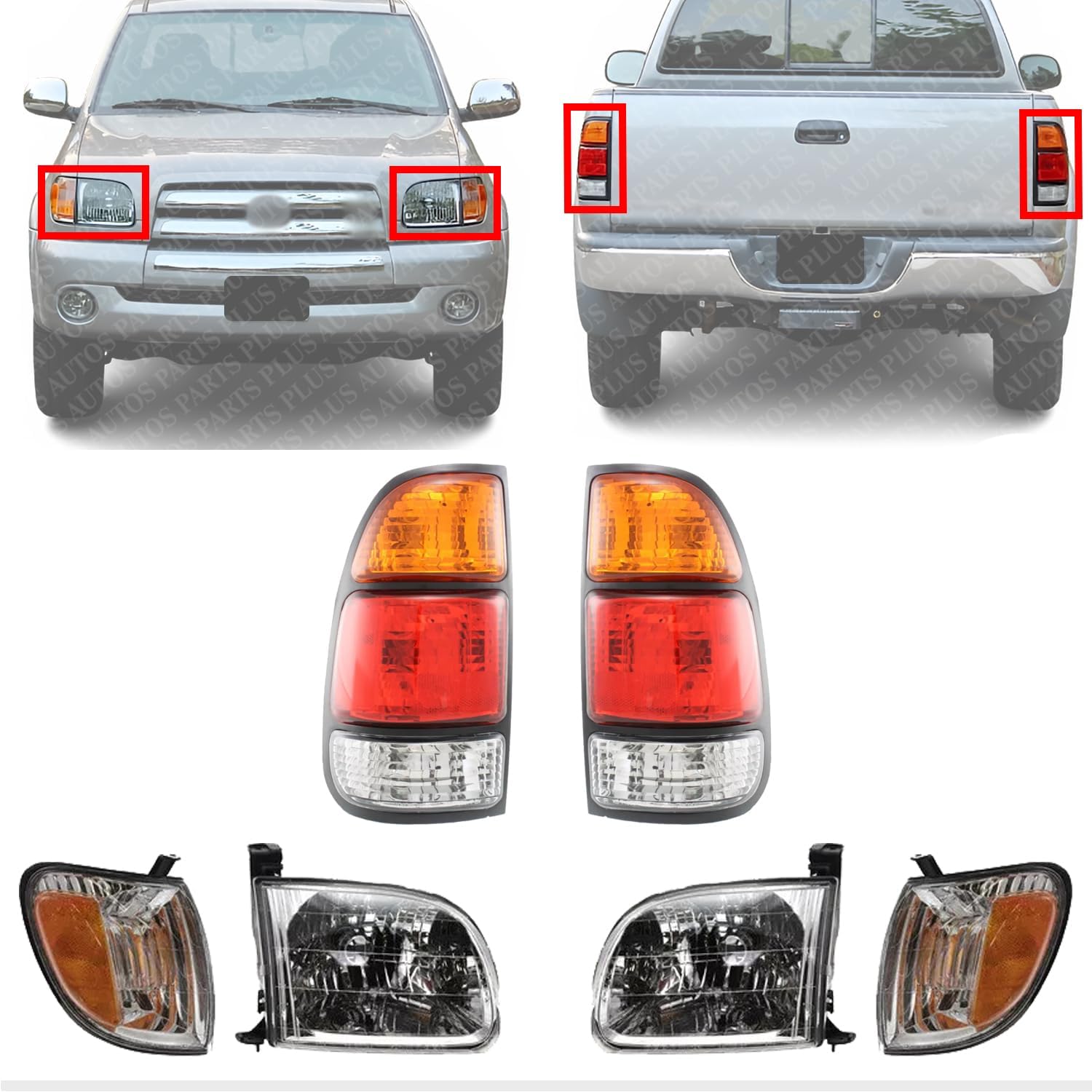 Front Headlights + Signals + Tail Lamps Assembly Right Passenger & Left Driver Side Direct Replacement Compatible With Toyota Tundra 2000-2004 TO2503129 TO2502129 TO2800129 TO2801129