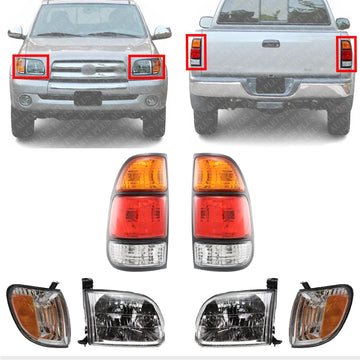 Front Headlights + Signals + Tail Lamps Assembly Right Passenger & Left Driver Side Direct Replacement Compatible With Toyota Tundra 2000-2004 TO2503129 TO2502129 TO2800129 TO2801129