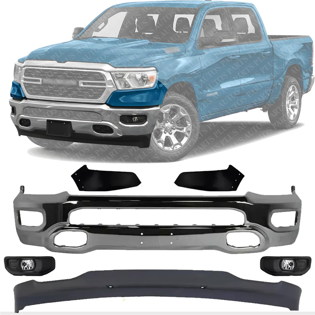 Front Bumper Chrome + Lower Valance Textured + End Extension Primed + Fog Lights With Bezel And Bracket Left & Right Side Direct Replacement Compatible With 2019-2024 Ram 1500