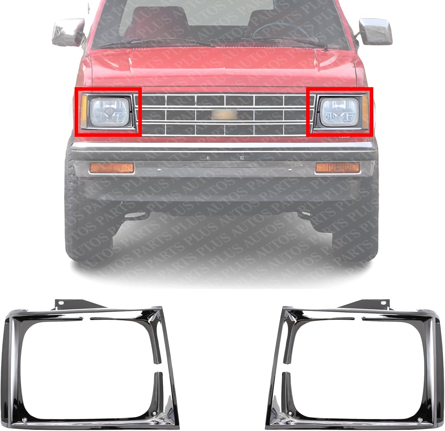 Set Of 2 Front Head Light Door Bezel Chrome Left Driver & Right Passenger Side Direct Replacement Compatible With 1982-1990 Chevrolet S10 Pickup GM2513121 GM2512121 15591586 15591585