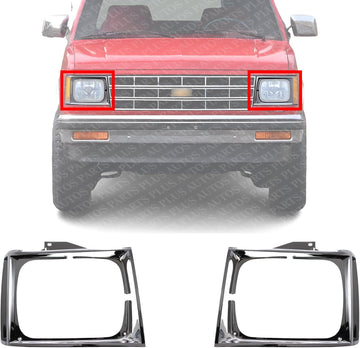 Set Of 2 Front Head Light Door Bezel Chrome Left Driver & Right Passenger Side Direct Replacement Compatible With 1982-1990 Chevrolet S10 Pickup GM2513121 GM2512121 15591586 15591585