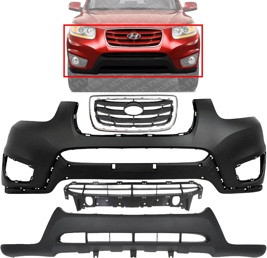 Front Bumper Cover Primed Plastic + Valance + Upper & Lower Grille + Chrome Molding Direct Replacement Compatible with 2010-2012 Hyundai Santa Fe