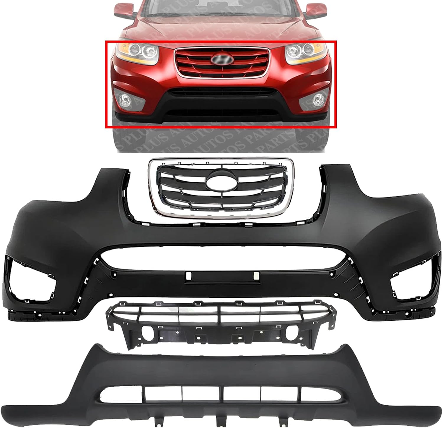 Front Bumper Cover Primed Plastic + Valance + Upper & Lower Grille + Chrome Molding Direct Replacement Compatible with 2010-2012 Hyundai Santa Fe