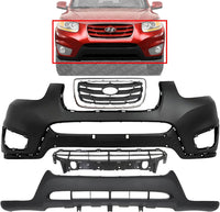 Front Bumper Cover Primed Plastic + Valance + Upper & Lower Grille + Chrome Molding Direct Replacement Compatible with 2010-2012 Hyundai Santa Fe