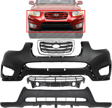 Front Bumper Cover Primed Plastic + Valance + Upper & Lower Grille + Chrome Molding Direct Replacement Compatible with 2010-2012 Hyundai Santa Fe