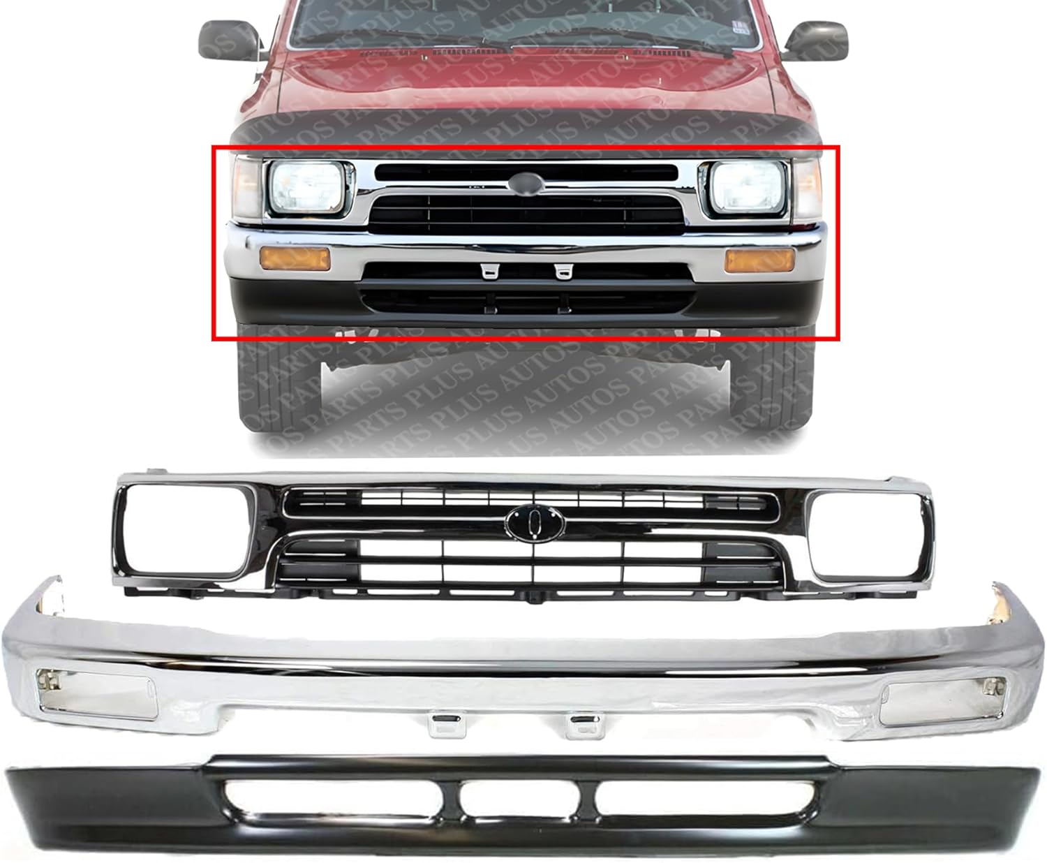 Front Bumper Chrome Steel + Lower Valance Primed + Grille Direct Replacement Compatible With 1992-1995 Toyota Pickup 2WD TO1002102 TO1200128 TO1095104 5210135070 5311135070 5391135010