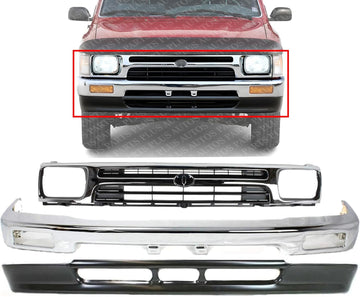 Front Bumper Chrome Steel + Lower Valance Primed + Grille Direct Replacement Compatible With 1992-1995 Toyota Pickup 2WD TO1002102 TO1200128 TO1095104 5210135070 5311135070 5391135010
