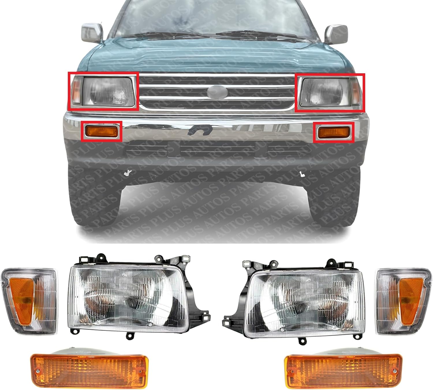 Front Head Lights Assembly + Corner + Signal Lamps Plastic Left Driver & Right Passenger Side Direct Replacement Compatible With 1993-1998 Toyota T100 TO2530118 TO2531118