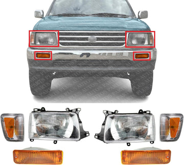 Front Head Lights Assembly + Corner + Signal Lamps Plastic Left Driver & Right Passenger Side Direct Replacement Compatible With 1993-1998 Toyota T100 TO2530118 TO2531118