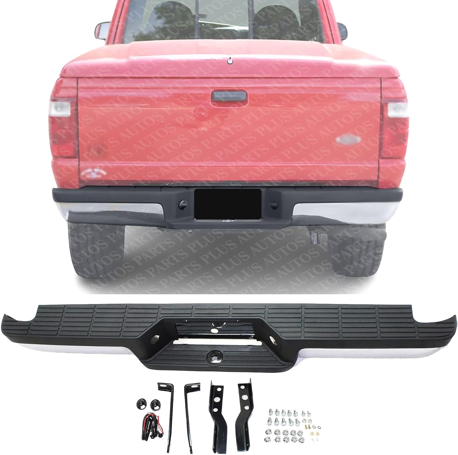 Step Bumper Assembly Chrome Steel With Pads Fleetside Direct Replacement Compatible With 1993-2011 Ford Ranger FO1102306 4L5Z17906AA-PFM