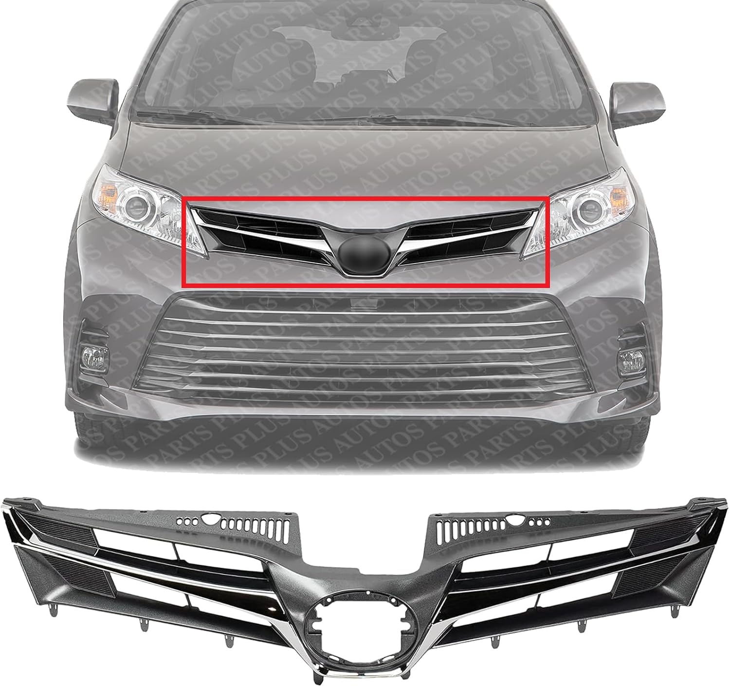 Front Grille Assembly Chrome Shell With Painted Dark Gray Insert Plastic Direct Replacement Compatible With 2018-2020 Toyota Sienna TO1200430 5310108170