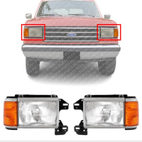 Set Of 2 Front Head Light With Side Marker Lamp Without Trim Left Driver & Right Passenger Side Direct Replacement Compatible With 1987-1991 Ford F-Series FO2503104 FO2502104