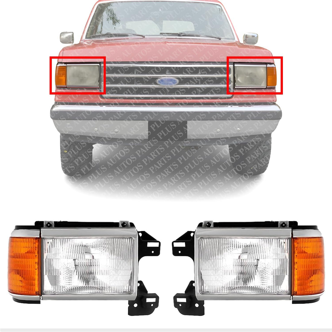 Set Of 2 Front Head Light With Side Marker Lamp Without Trim Left Driver & Right Passenger Side Direct Replacement Compatible With 1987-1991 Ford F-Series FO2503104 FO2502104