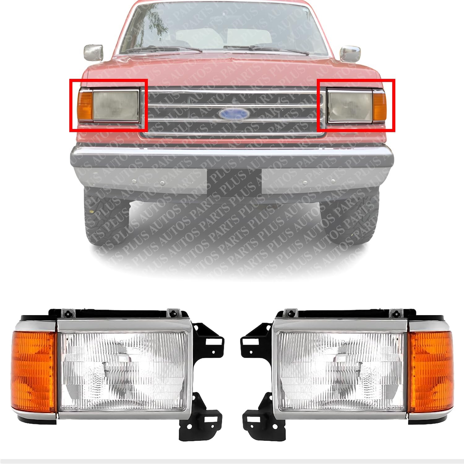 Set Of 2 Front Head Light With Side Marker Lamp Without Trim Left Driver & Right Passenger Side Direct Replacement Compatible With 1987-1991 Ford F-Series FO2503104 FO2502104