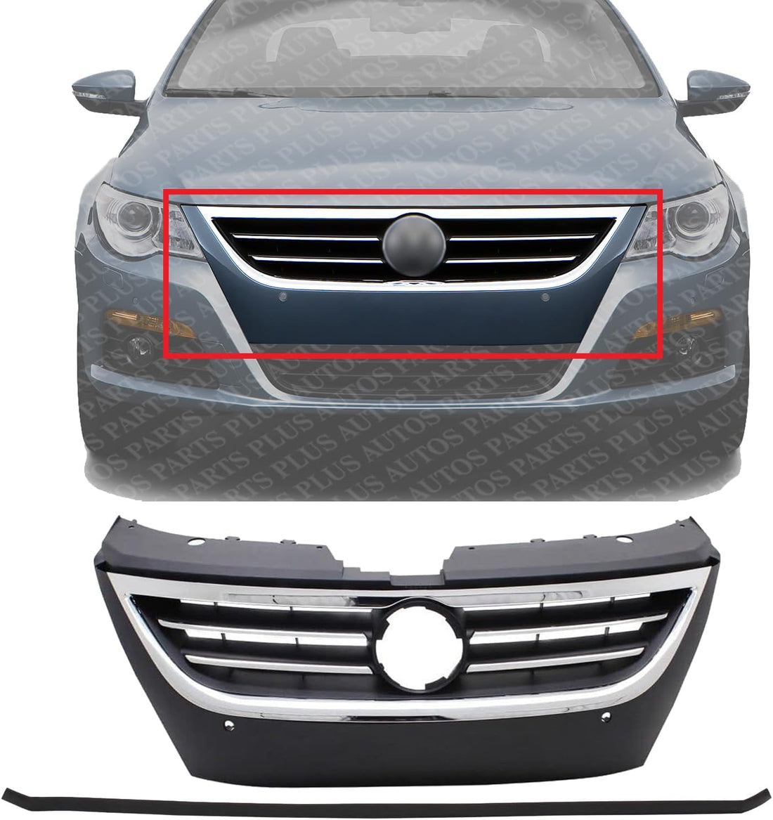 Front Grille Primed Shell And Insert With Chrome Molding Plastic Direct Replacement Compatible Wit 2009-2012 Volkswagen CC / 2009-2010 Passat CC VW1200145 3C8853651QGRU