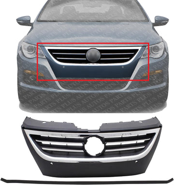 Front Grille Primed Shell And Insert With Chrome Molding Plastic Direct Replacement Compatible Wit 2009-2012 Volkswagen CC / 2009-2010 Passat CC VW1200145 3C8853651QGRU