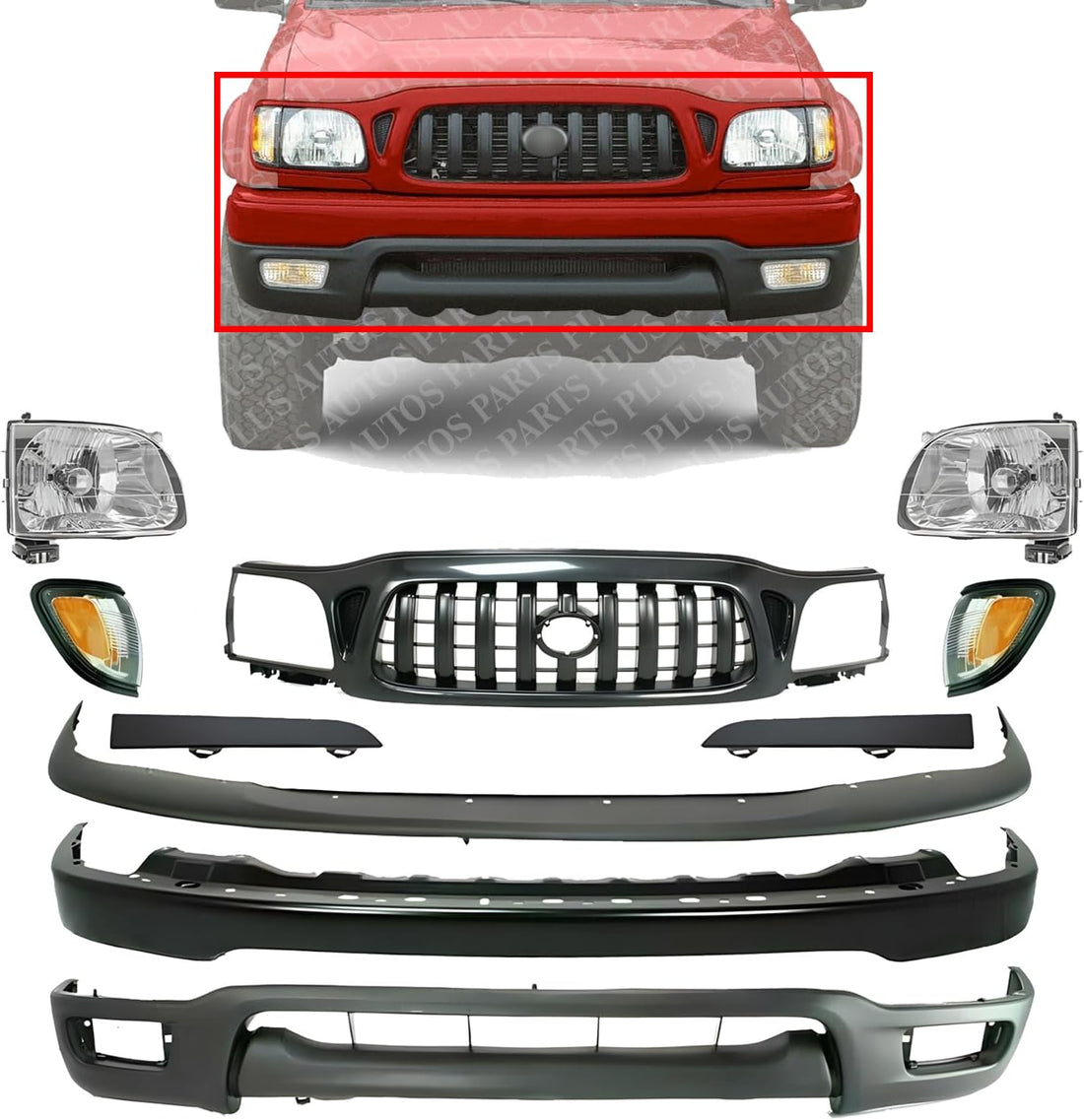 Front Bumper + Grille + Upper Cover + Lower Valance + Headlights + Fillers + Park Lamp & Signal Lights Left & Right Side Direct Replacement Compatible With 2001-2004 Toyota Tacoma 4WD