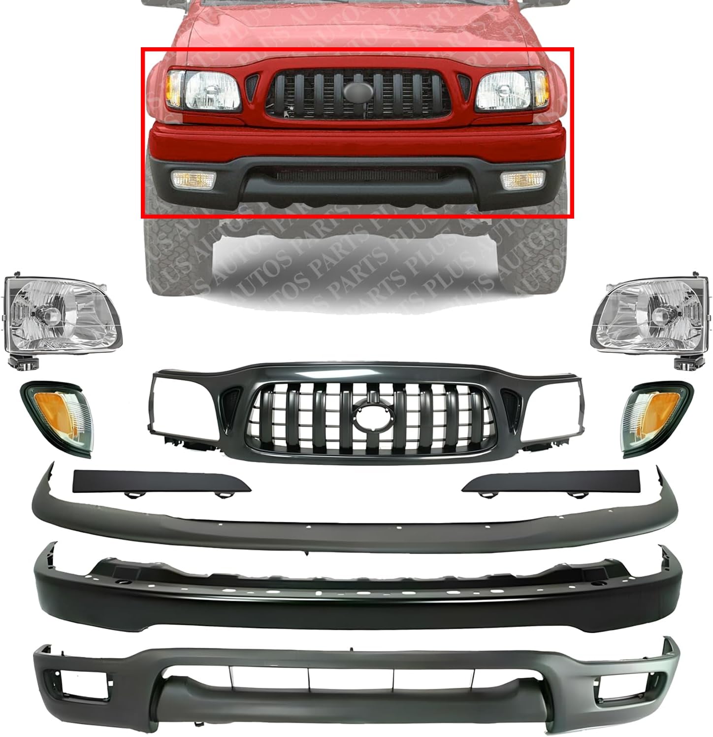 Front Bumper + Grille + Upper Cover + Lower Valance + Headlights + Fillers + Park Lamp & Signal Lights Left & Right Side Direct Replacement Compatible With 2001-2004 Toyota Tacoma 4WD
