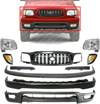 Front Bumper + Grille + Upper Cover + Lower Valance + Headlights + Fillers + Park Lamp & Signal Lights Left & Right Side Direct Replacement Compatible With 2001-2004 Toyota Tacoma 4WD
