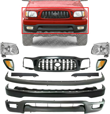 Front Bumper + Grille + Upper Cover + Lower Valance + Headlights + Fillers + Park Lamp & Signal Lights Left & Right Side Direct Replacement Compatible With 2001-2004 Toyota Tacoma 4WD
