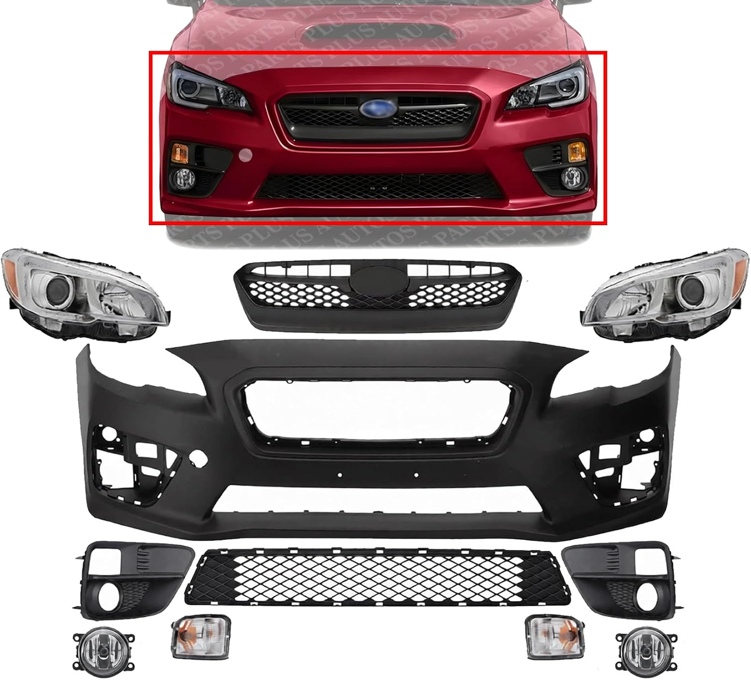 Front Bumper Cover Primed Plastic + Upper & Lower Grille + Headlight + Signal Lamp + Fog Light + Trim Left & Right Side Direct Replacement Compatible With 2015-2017 Subaru WRX