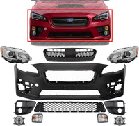 Front Bumper Cover Primed Plastic + Upper & Lower Grille + Headlight + Signal Lamp + Fog Light + Trim Left & Right Side Direct Replacement Compatible With 2015-2017 Subaru WRX
