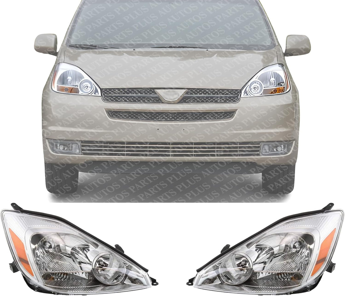 Set Of 2 Front Head Light Assembly Plastic Left Driver & Right Passenger Side Direct Replacement Compatible With 2004-2005 Toyota Sienna TO2502150 TO2503150 81150AE010 81110AE010