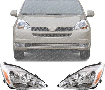 Set Of 2 Front Head Light Assembly Plastic Left Driver & Right Passenger Side Direct Replacement Compatible With 2004-2005 Toyota Sienna TO2502150 TO2503150 81150AE010 81110AE010