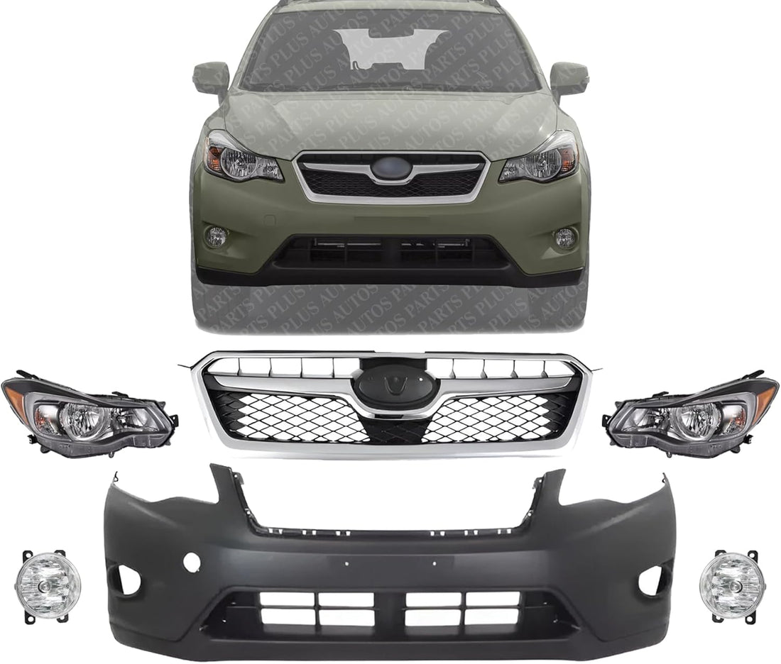 Front Bumper Cover Primed + Grille With Chrome Trims + Fog Lamps + Head Lights Left Driver And Right Passenger Side Direct Replacement Compatible With 2013-2015 Subaru XV Crosstrek