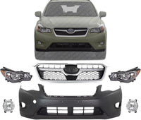 Front Bumper Cover Primed + Grille With Chrome Trims + Fog Lamps + Head Lights Left Driver And Right Passenger Side Direct Replacement Compatible With 2013-2015 Subaru XV Crosstrek